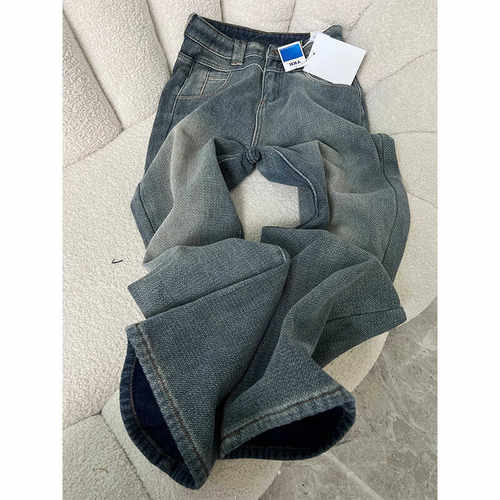 大码星空纹阔腿加绒牛仔裤女秋冬新款高腰宽松直筒显瘦拖地裤