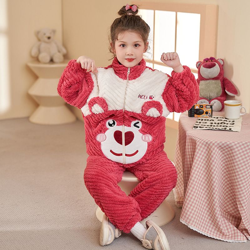 女童睡衣珊瑚绒冬季法兰绒可爱儿童加绒加厚家居服保暖青少年套装