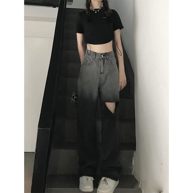 破洞牛仔裤女秋设计感小众高腰直筒裤小个子阔腿裤复古拖地裤长裤