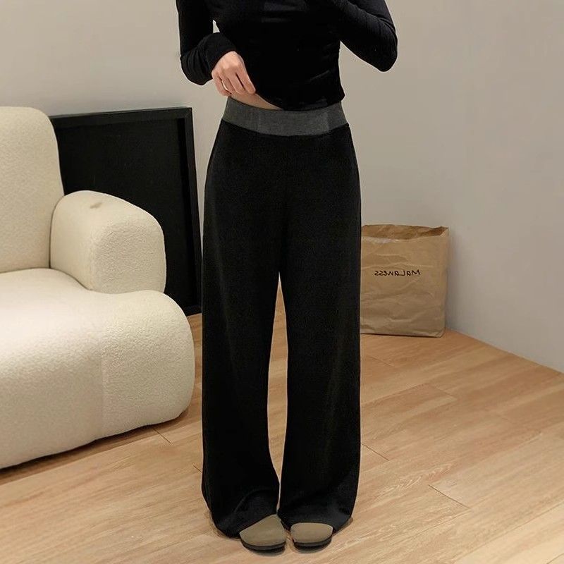 慵懒风拼接阔腿裤女春新款高腰宽松卫裤直筒休闲运动裤拖地长裤子