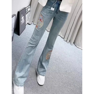 女宽松直筒百搭拖地裤 春季 中国风微喇牛仔裤 新中式 子 新款