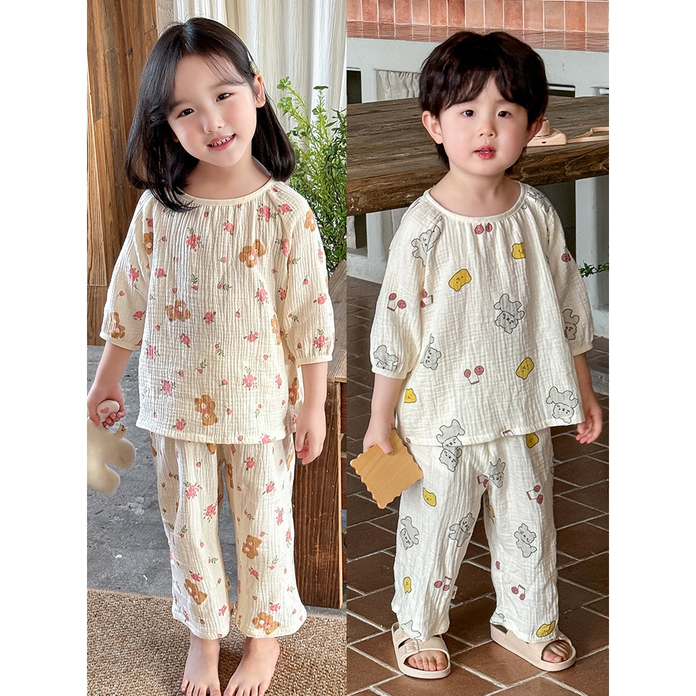 儿童睡衣a类夏天纯棉纱布家居服套装可爱薄款女童男孩宝宝空调服