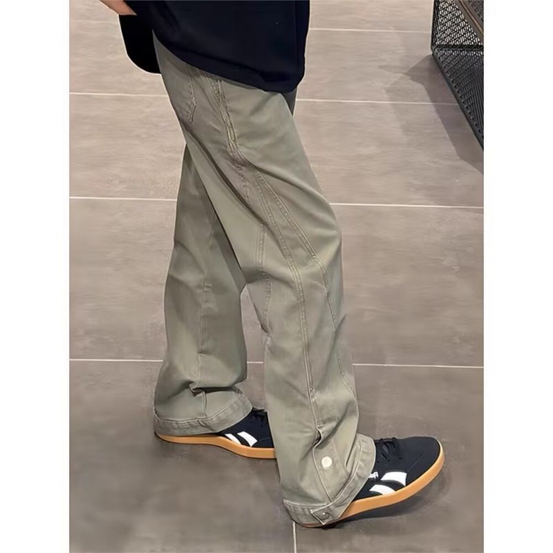 绿色美式复古裤子男春秋季新款解构牛仔工装裤直筒弯刀微喇裤