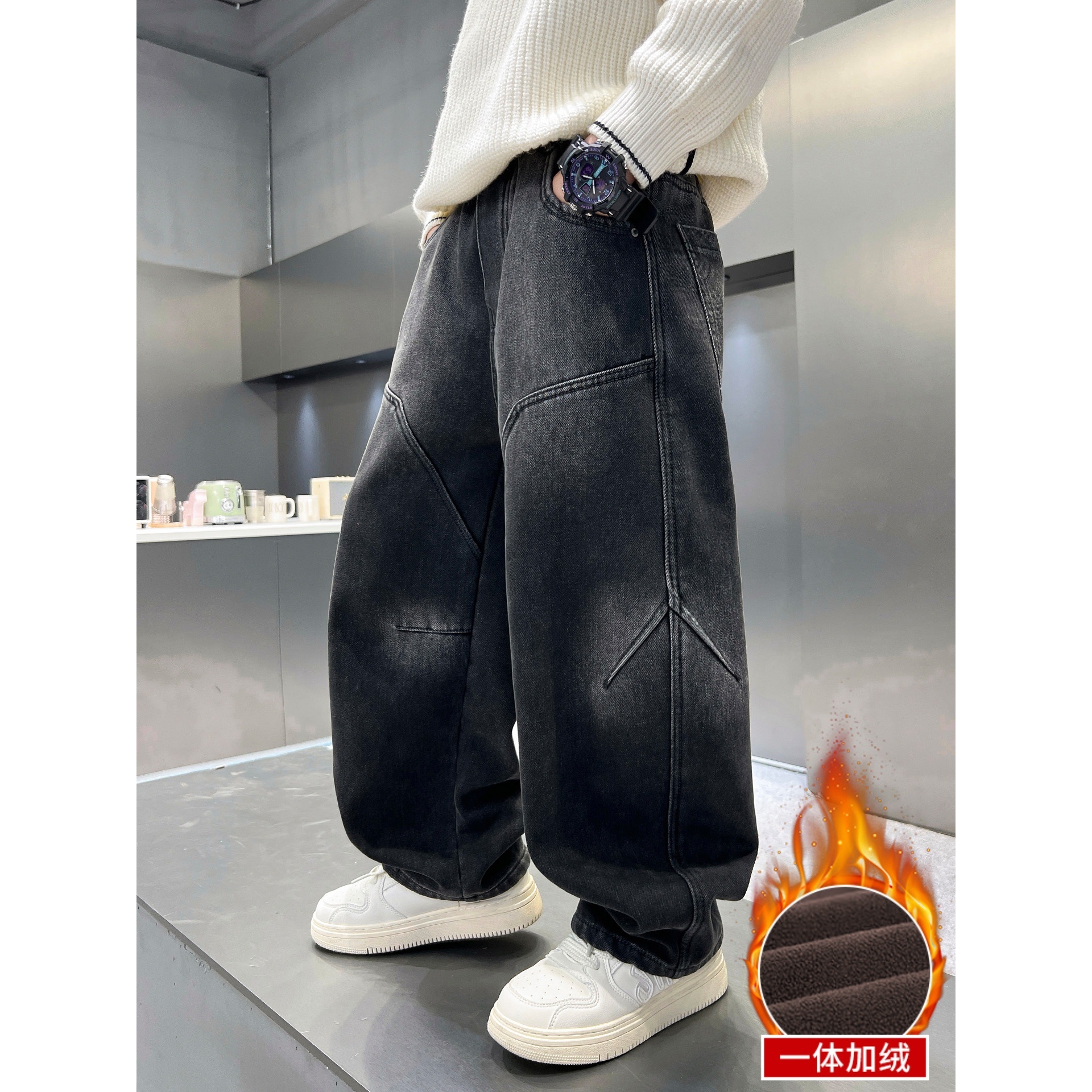 男童加绒裤子秋冬2025新款大童冬季加厚保暖一体绒儿童直筒牛仔裤