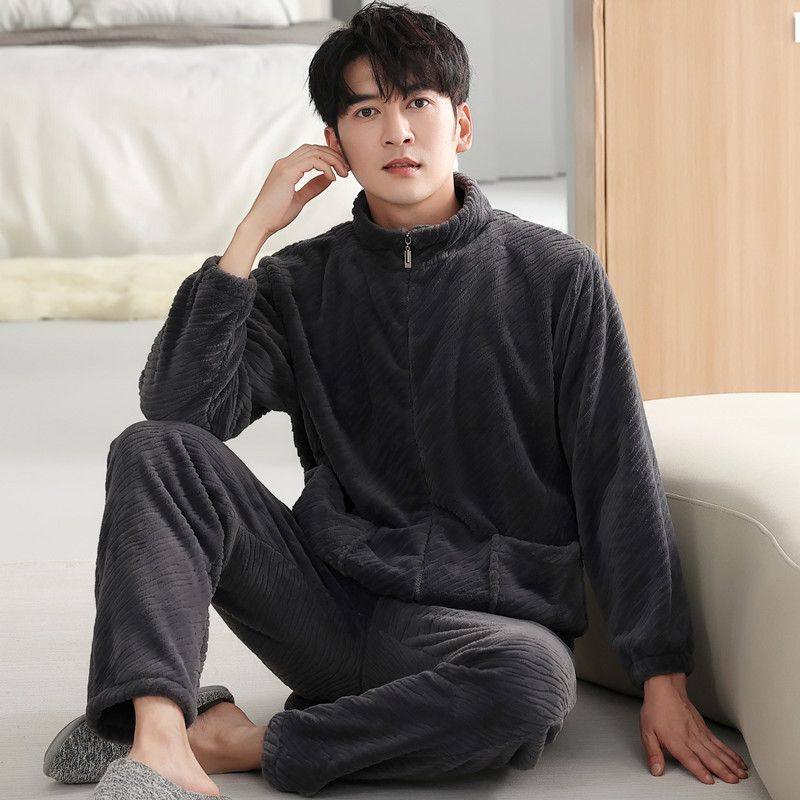 可外穿男睡衣珊瑚绒秋冬款加厚加绒长毛绒开衫套装法兰绒男家居服