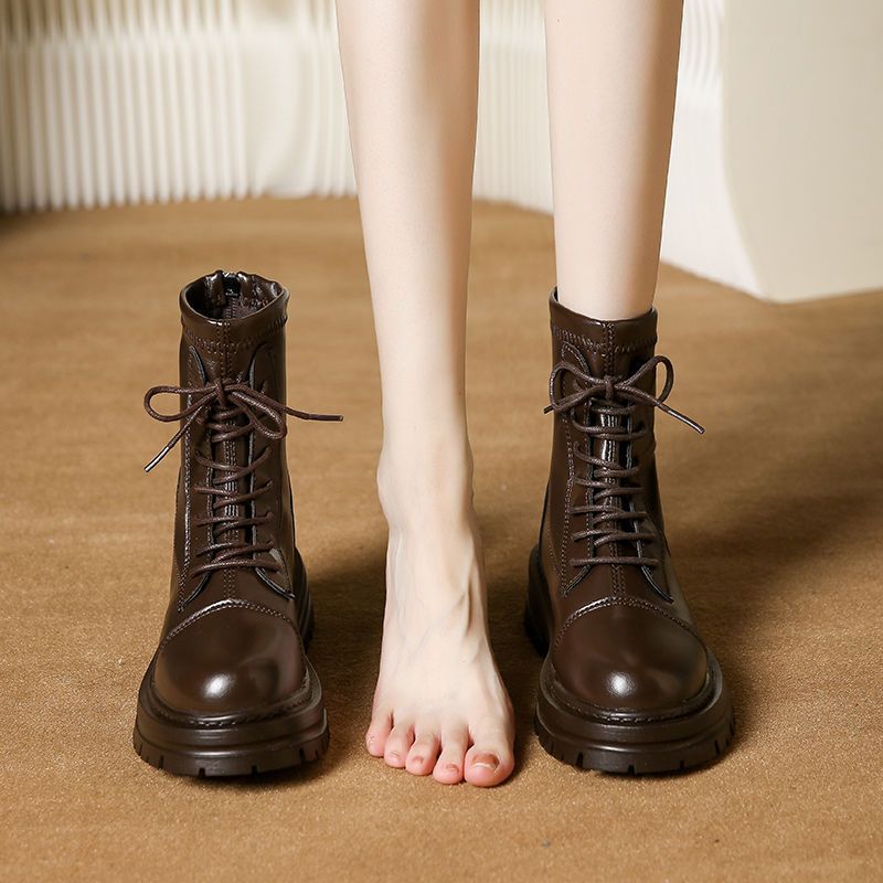 马丁靴女厚底小短靴年新款内增高软底春秋单靴棕色英伦风靴子