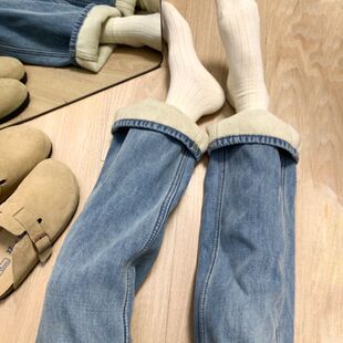 大码窄版直筒牛仔裤女秋冬加绒新款胖mm高腰显瘦阔腿拖地裤子