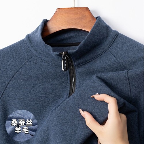 蚕丝羊毛德绒半拉链卫衣男新款秋冬长袖t恤男加绒加厚立领打底衫