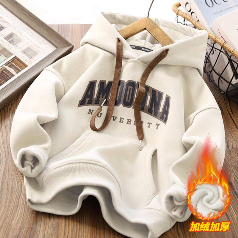 男童加绒卫衣秋冬装儿童连帽套头衫运动上衣冬季新款打底衫潮