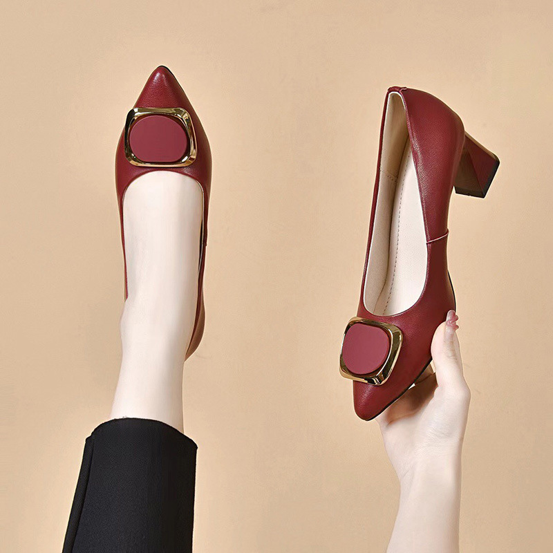高跟鞋女2025新款真皮浅口单鞋夏季尖头粗跟红色中跟工作皮鞋春秋