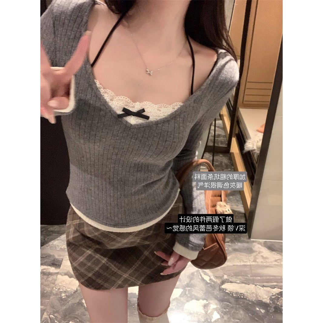 温柔风芭蕾风假两件挂脖T恤女秋冬花边纯欲短款外穿打底衫上衣潮