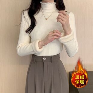 加绒加厚打底衫女秋冬内搭保暖半高领毛衣时尚洋气修身白色针织衫