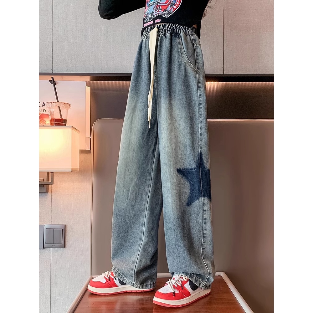 女童裤子春秋款新款中大童时尚休闲宽松直筒阔腿裤儿童牛仔裤