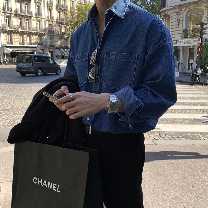 深蓝色男牛仔长袖衬衫高级感性张力穿搭禁欲系英伦雅痞衬衣秋外套