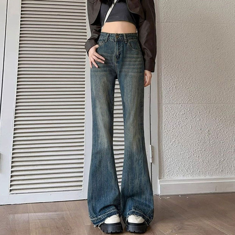 马蹄牛仔裤女美式大码修身复古高腰宽松毛边直筒胖mm微喇叭长裤子