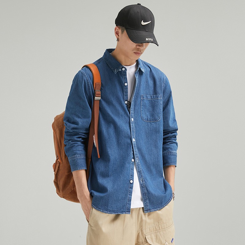 春季男士薄款翻领牛仔衬衫男长袖美式工装复古洗水棉休闲男衬衣男