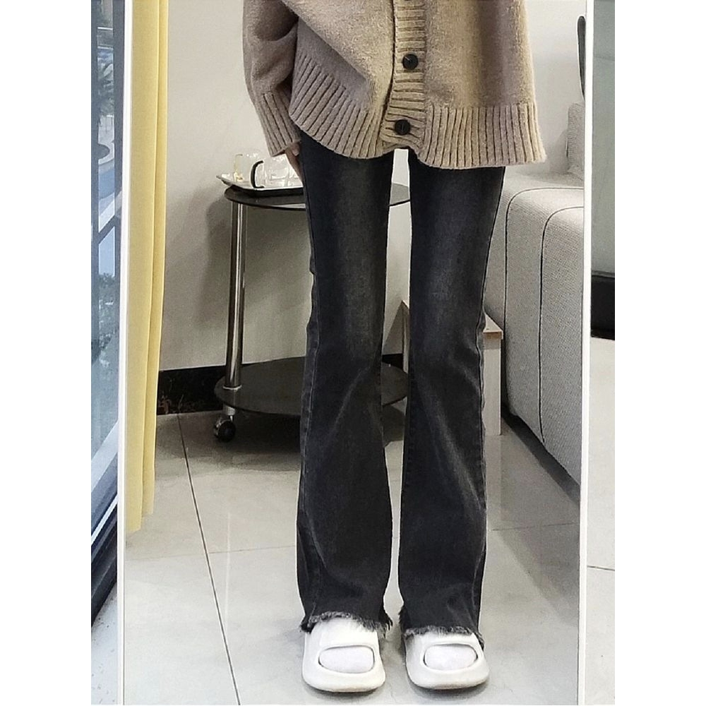 直筒微喇牛仔裤女秋季新款高腰显瘦阔腿小个子修身毛边喇叭长裤子