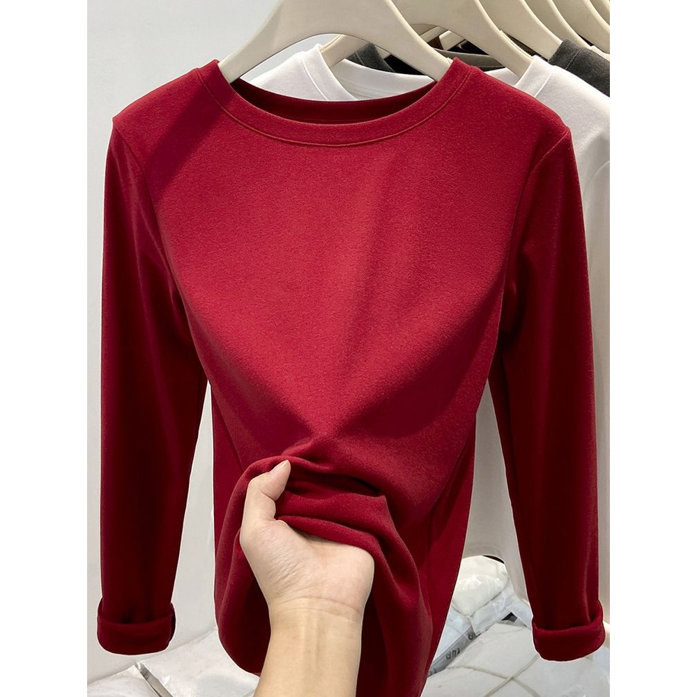 2025秋冬打底衫新款圆领长袖T恤女装大码修身加绒防寒保暖上衣女
