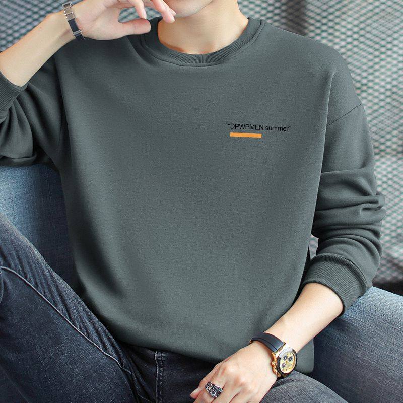 320g重磅灰色卫衣男秋冬款圆领潮流百搭加绒加厚无帽印花长袖t恤