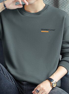 320g重磅灰色卫衣男秋冬款圆领潮流百搭加绒加厚无帽印花长袖t恤