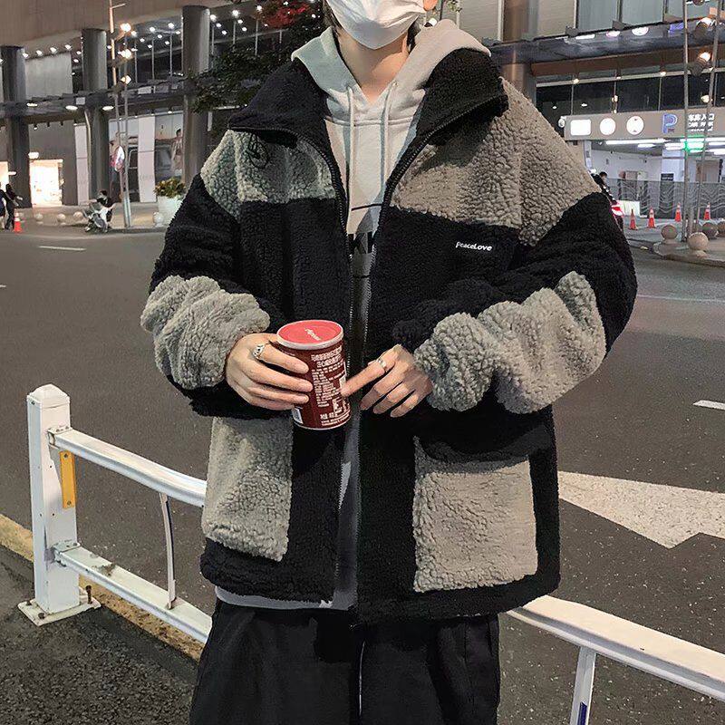 拼接撞色加绒加厚羊羔毛外套男秋冬棉袄宽松保暖休闲棉衣韩版棉服