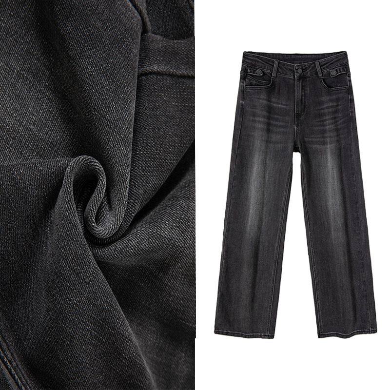 秋季黑灰色窄版阔腿牛仔裤女微弹面料两侧设计表带直筒裤,女装/女士精品,大码裤装,淘宝优惠券,粉丝福利购,淘宝优惠卷