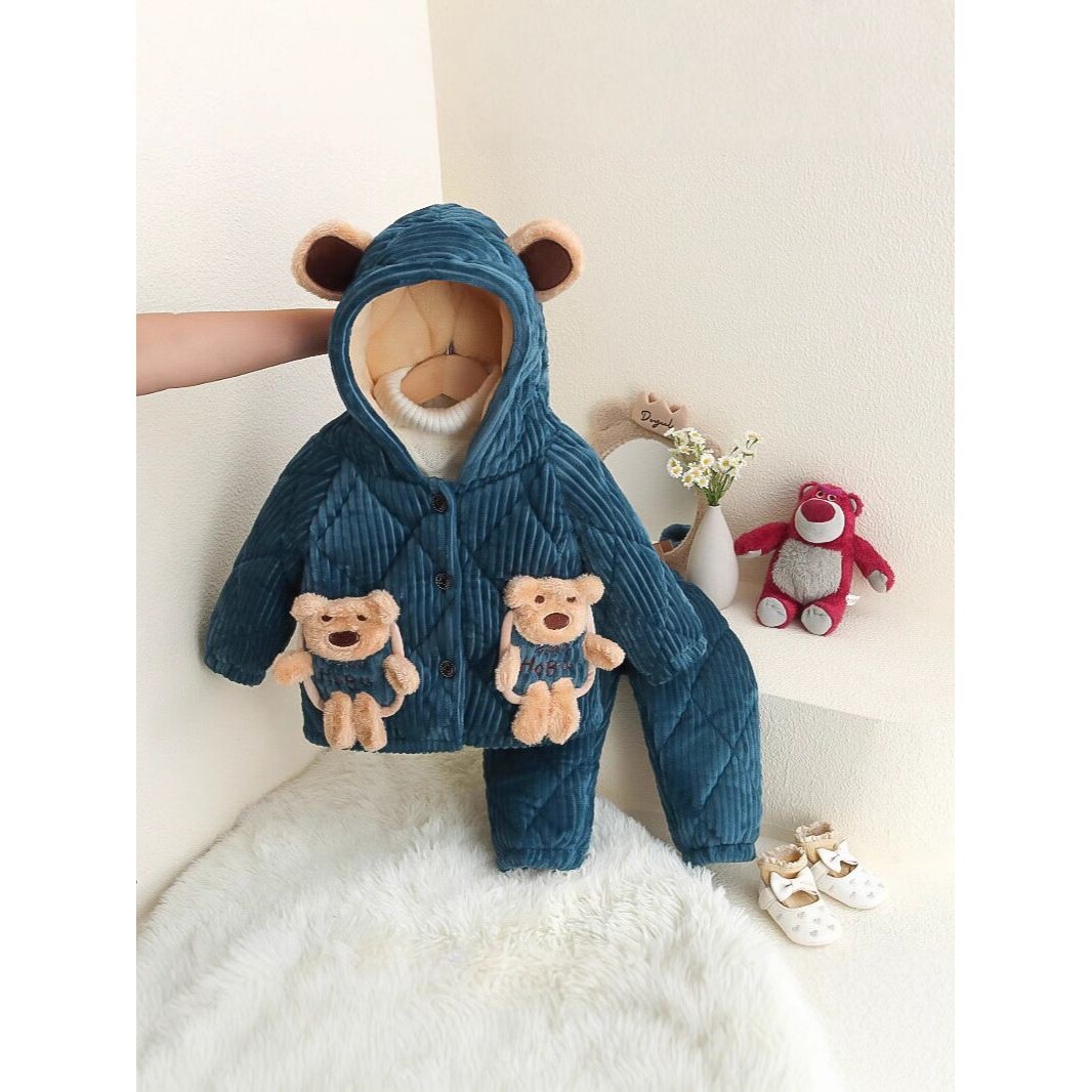 男童睡衣冬季加厚冬款男孩珊瑚绒三层夹棉加绒儿童法兰绒秋冬套装