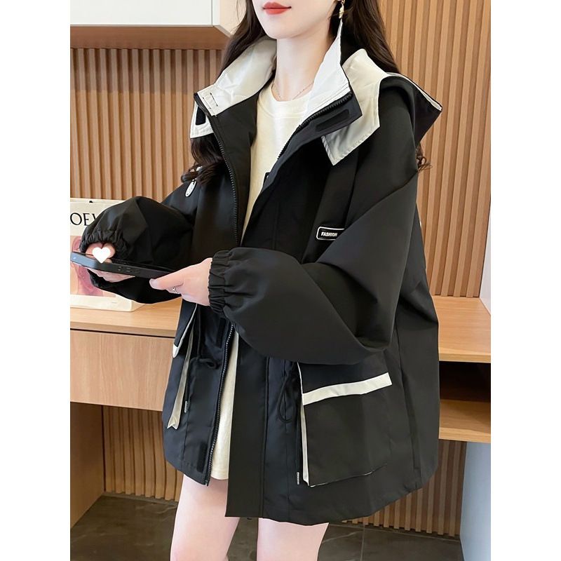 冲锋衣外套女2025春秋装新款宽松大码收腰显瘦连帽休闲中长款风衣