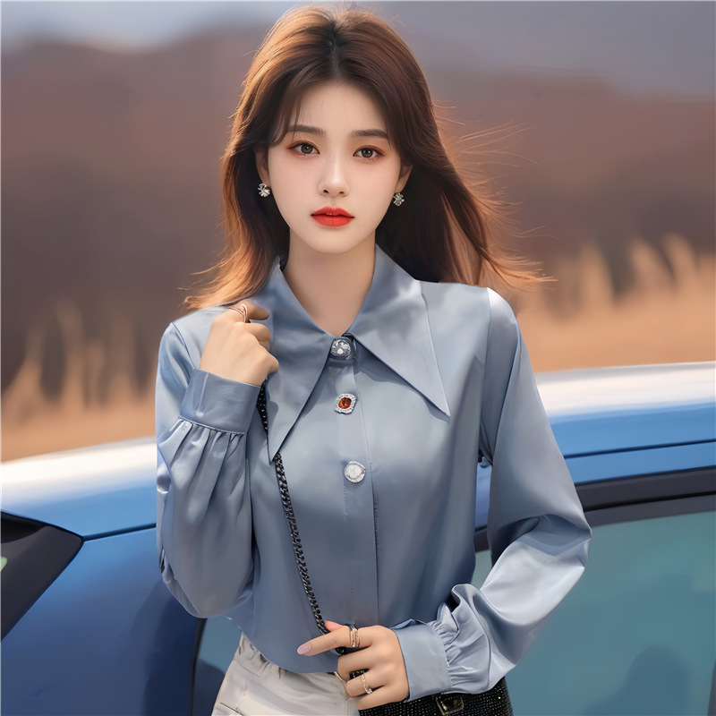 新品现货 秋季新款韩版宽松气质高级缎面白色长袖衬衫女上衣正式