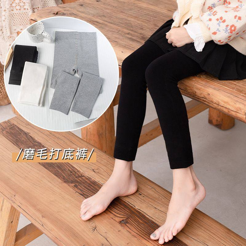女童打底裤秋冬款薄绒棉白色舞蹈袜裤加绒中大童外穿儿童九分裤袜