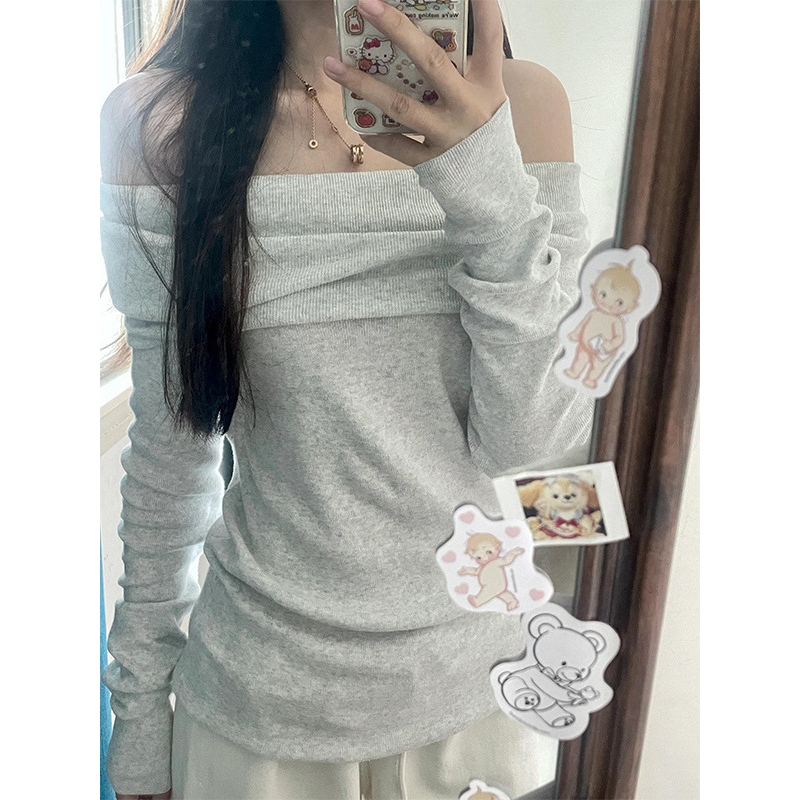 法式一字肩秋季修身显瘦长袖T恤纯欲风辣妹性感小众上衣ins女