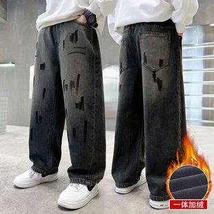 儿童时髦秋冬保暖裤 中大童炸街宽松牛仔裤 子 子新款 男童加绒裤