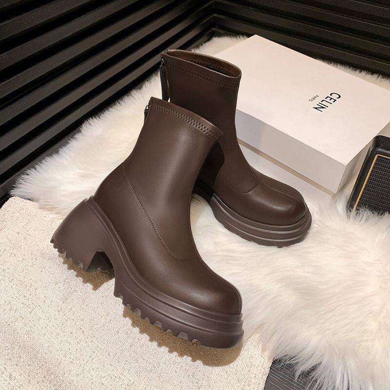 短靴女百搭粗跟靴子美拉德厚底瘦瘦靴秋冬加绒棕色切尔西马丁靴