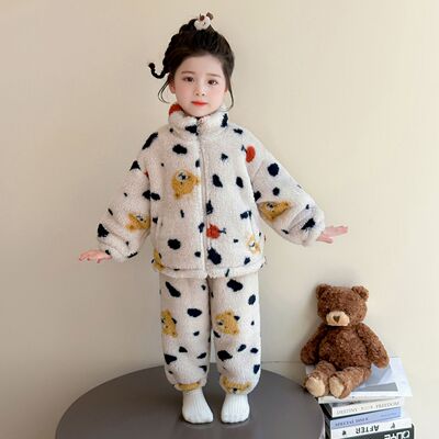 女童加绒睡衣冬季2025新款休闲珊瑚绒儿童加厚家居服冬装保暖套装