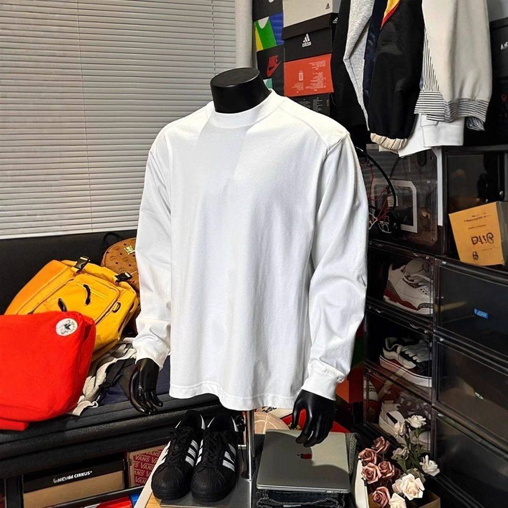 花灰色美式重磅长袖t恤男春秋小领口卫衣正肩圆领内搭打底衫