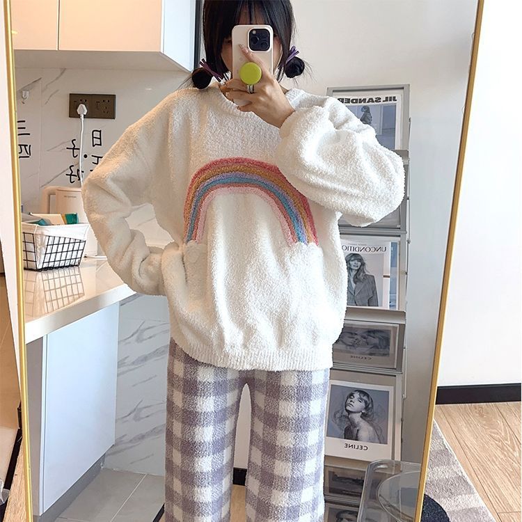 半边绒彩虹睡衣女秋冬季可爱女生加厚加绒可外穿家居服套装