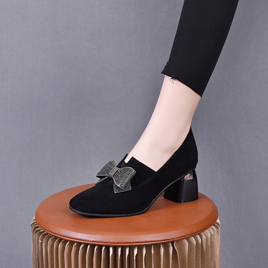 女单鞋春季新款黑色蝴蝶结高跟鞋羊皮低帮鞋女鞋圆头乐福鞋
