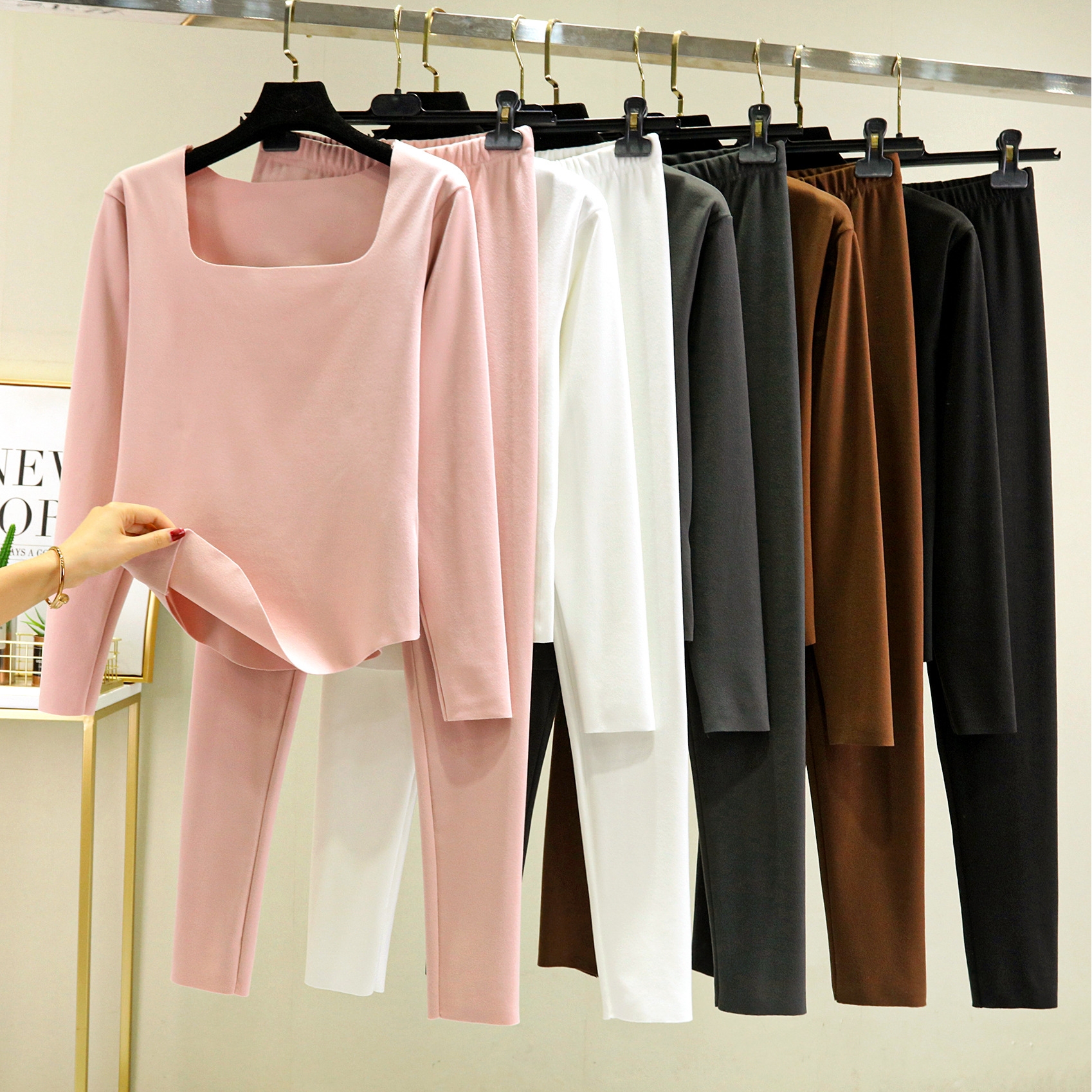 德绒打底衫女秋冬双面绒秋衣秋裤套装高腰打底裤保暖两件套