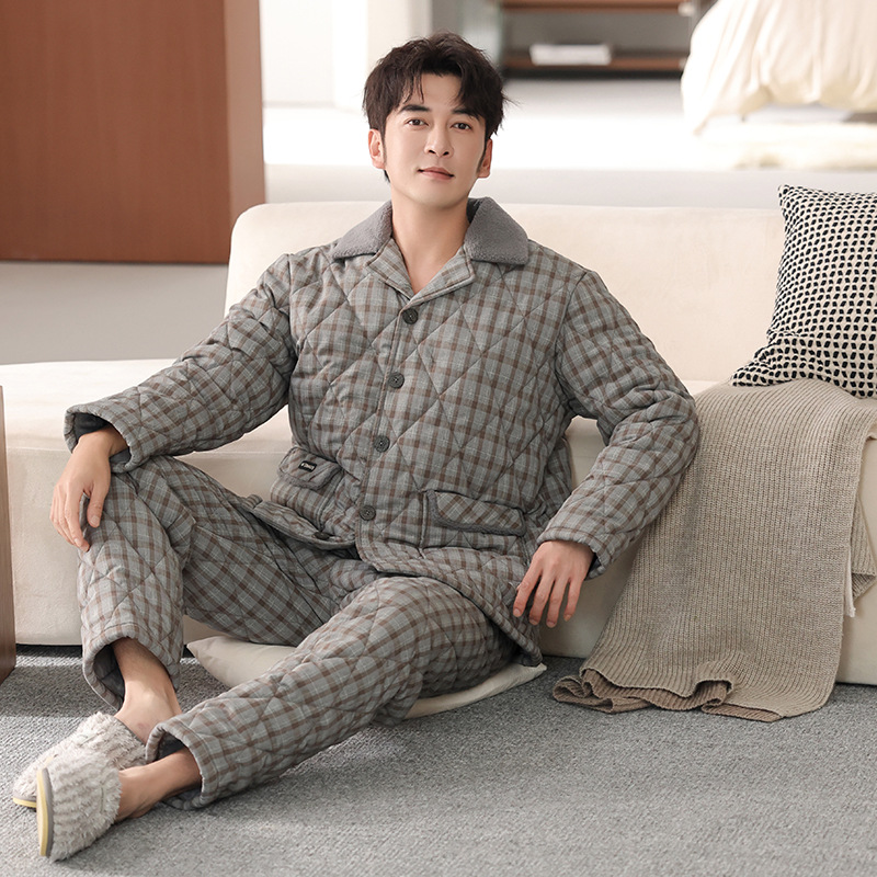 2025新款睡衣男冬梭织纯棉夹棉加厚加绒珊瑚绒秋冬男士家居服套装