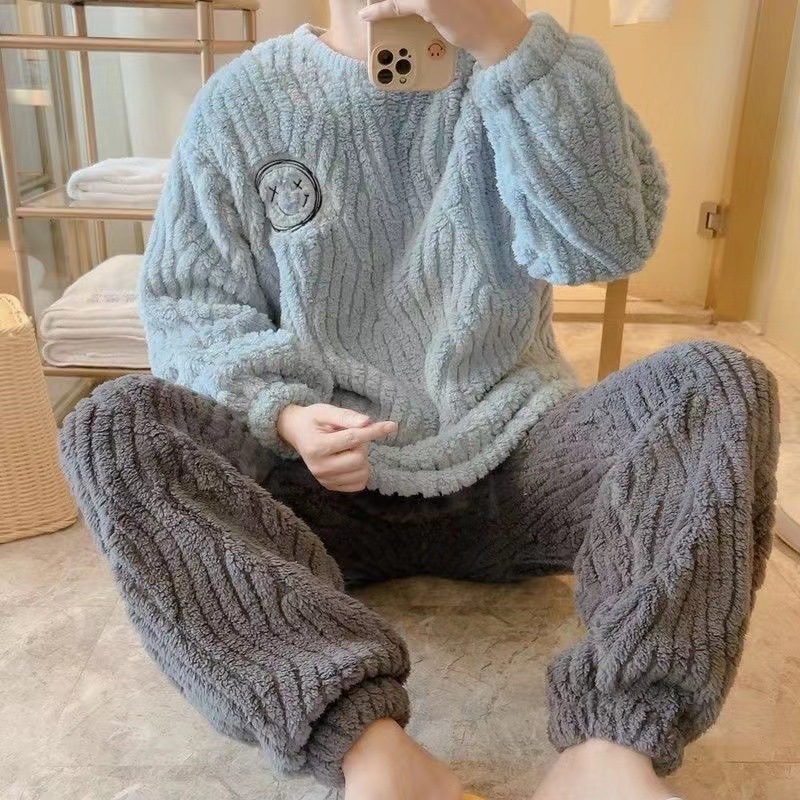 睡衣男冬季款加厚加绒珊瑚绒新款男士简约保暖毛绒家居服套装