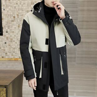 外套男青年连帽中长款大码男装帅气棉袄冬季棉服时尚潮流拼接加厚