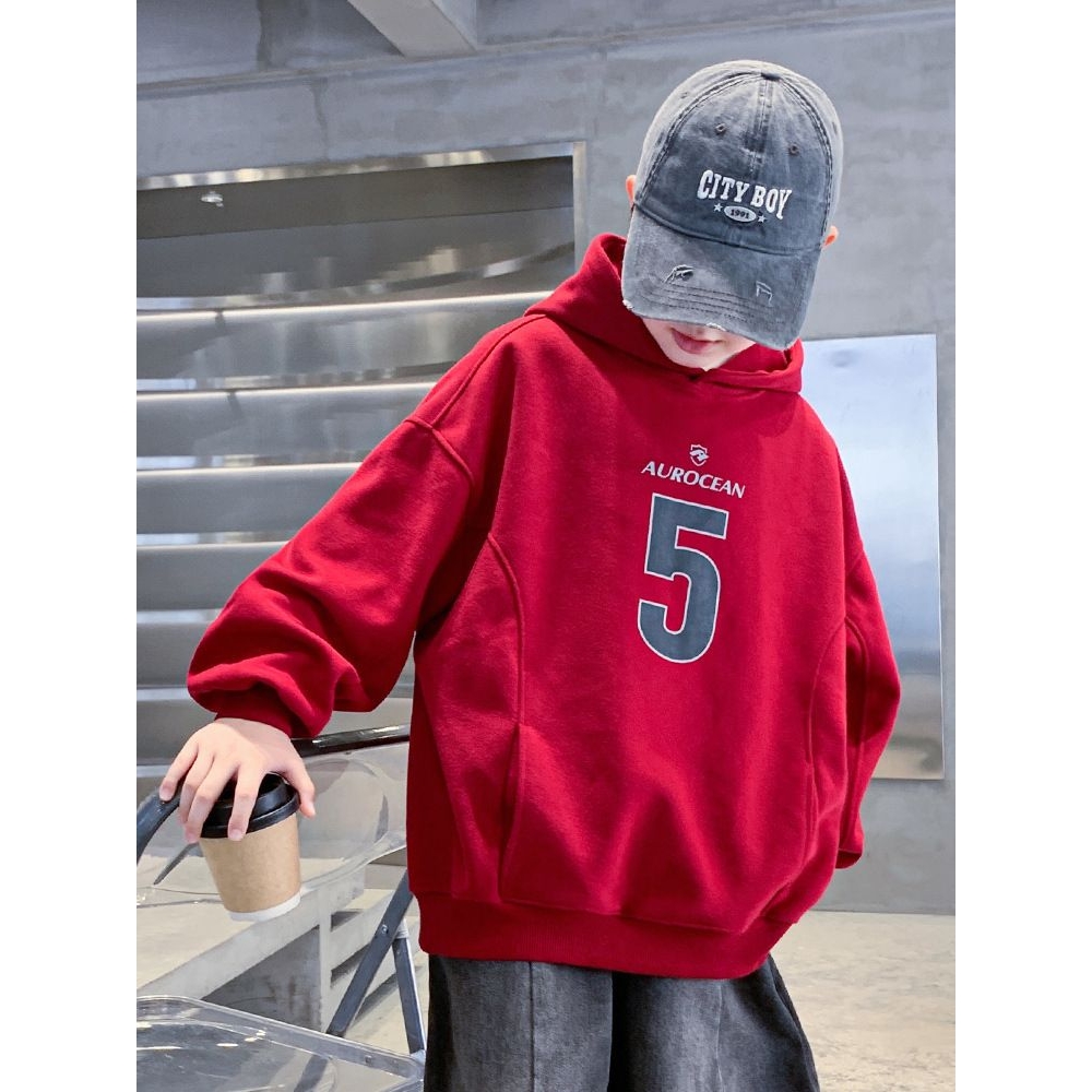 童装男童秋装红色连帽卫衣2025新款儿童男孩春秋款宽松长袖上衣潮