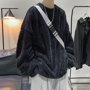 秋冬新款毛绒卫衣男韩版潮流羊羔绒圆领纯色情侣加绒保暖外套