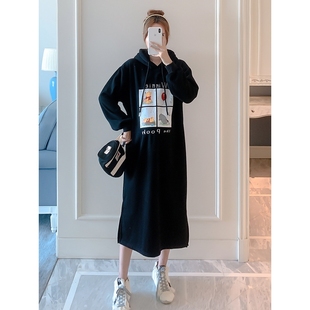 孕妇长款 孕妇装 连帽拼接加绒加厚时尚 韩版 卫衣连衣裙 秋冬新款