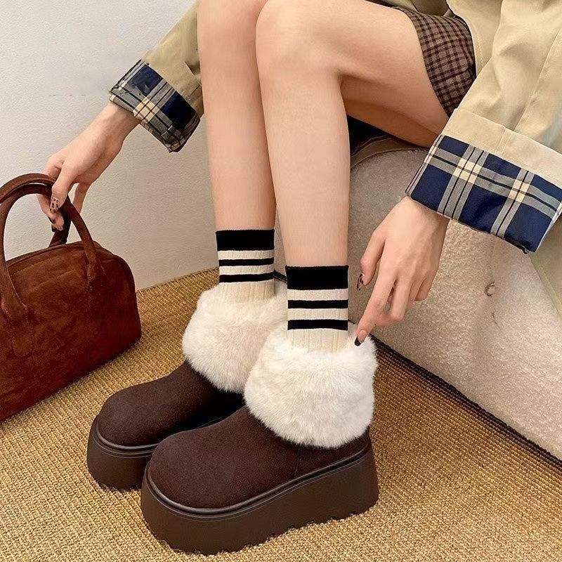 冬季新款短靴加绒保暖松糕厚底棉鞋丑萌大头毛毛增高雪地靴女