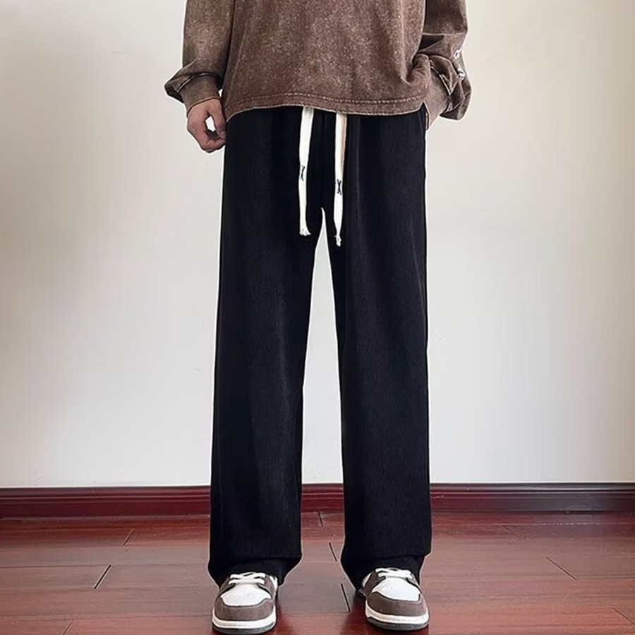 黑色灯芯绒直筒裤子男款宽松休闲长裤大码胖子春秋季运动卫裤