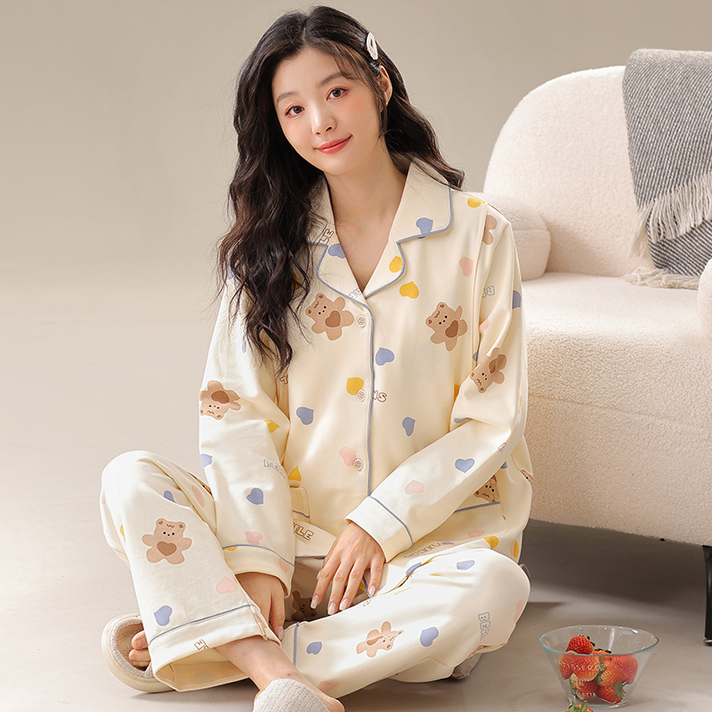 孕妇家居服春夏季新款拉架仿棉睡衣长袖开衫翻领哺乳衣月子服套装
