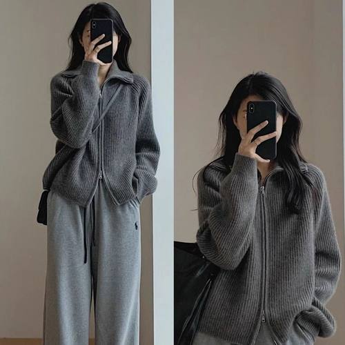 毛衣女复古港味新款chic韩版翻领拉链针织开衫慵懒风宽松加厚外套