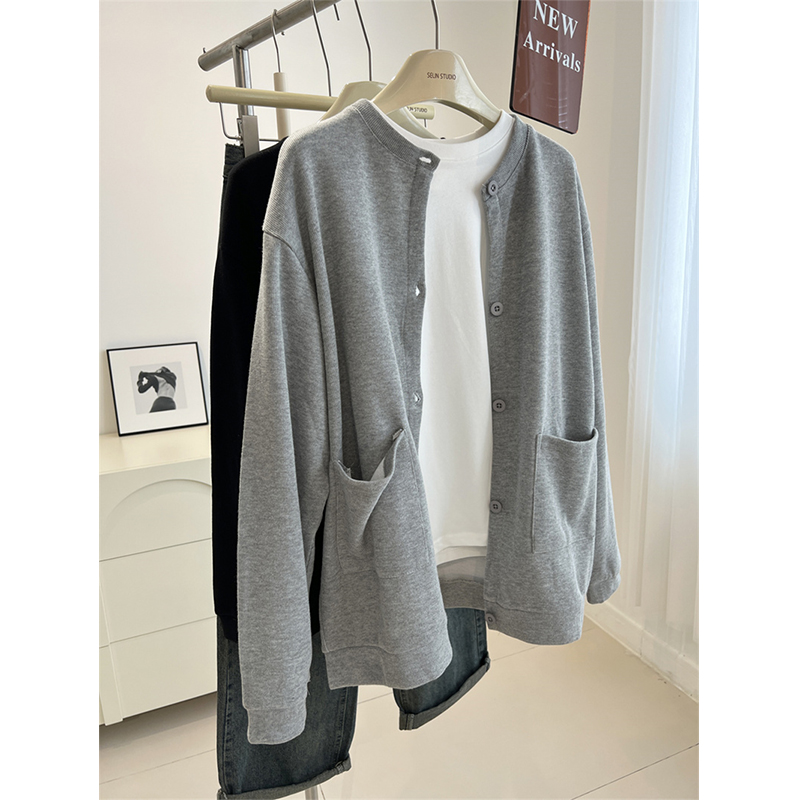 韩版简约口袋灰色圆领开衫卫衣女宽松薄款棒球服外套2025春季新款