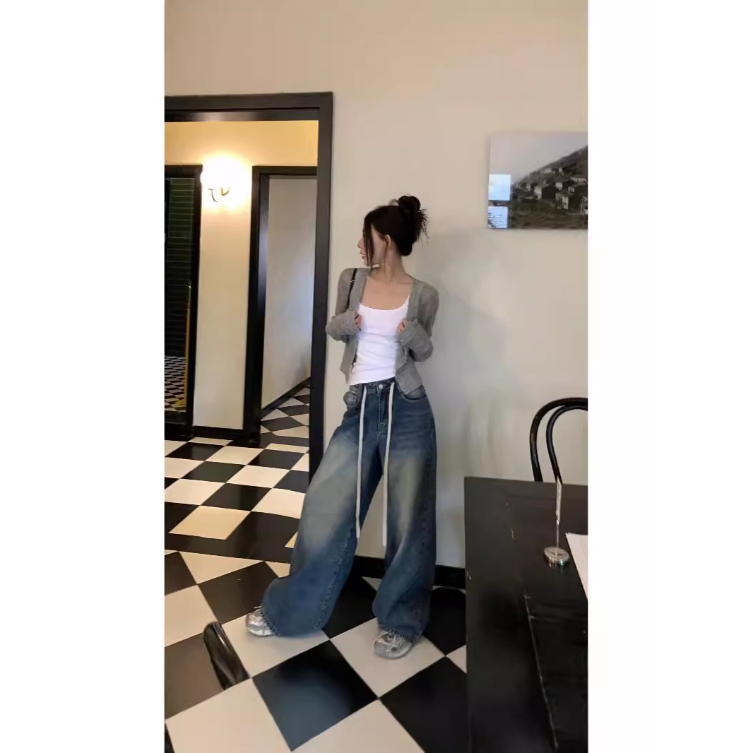 大码复古抽绳高腰牛仔裤女新款美式宽松百搭阔腿设计感裤子潮